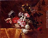 Jean-Baptiste Monnoyer Still Life Of Hydrangeas, Convolvuli, Peonies And Other Flowers In An Urn On A Draped Stone Ledge painting